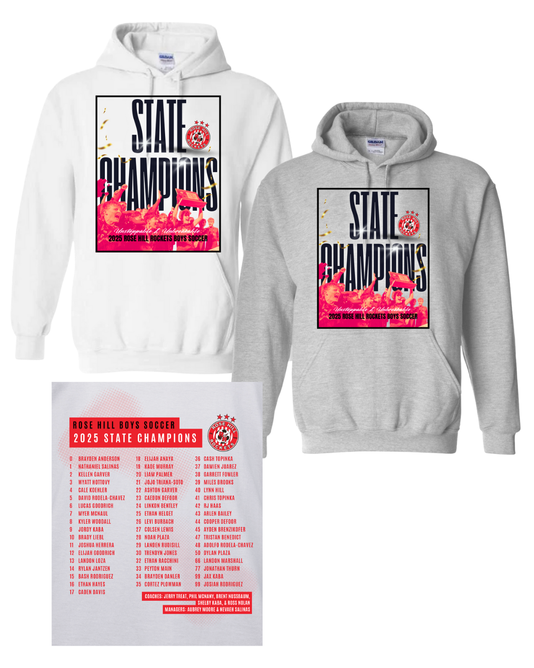 Rose Hill Rockets Boys Soccer State Championship Hooded Sweatshirts - Black Design 1