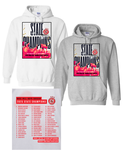 Rose Hill Rockets Boys Soccer State Championship Hooded Sweatshirts - Black Design 1