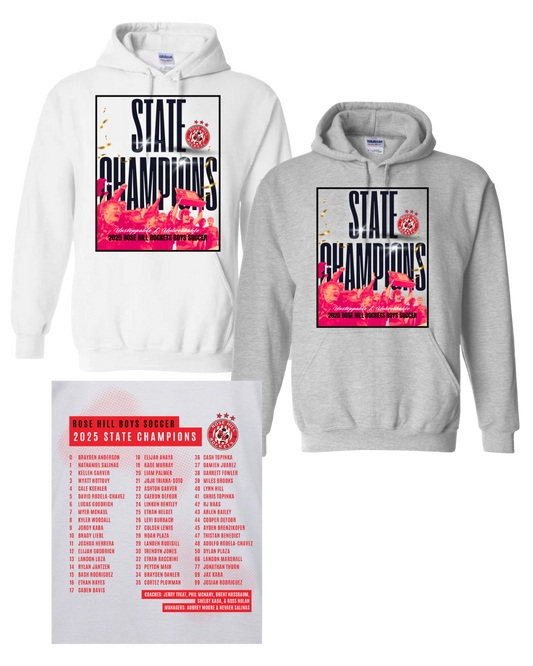 Rose Hill Rockets Boys Soccer State Championship Hooded Sweatshirts - Black Design 1