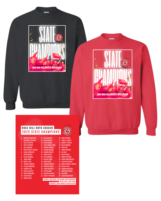 Rose Hill Rockets Boys Soccer State Championship Sweatshirts - White Design 1