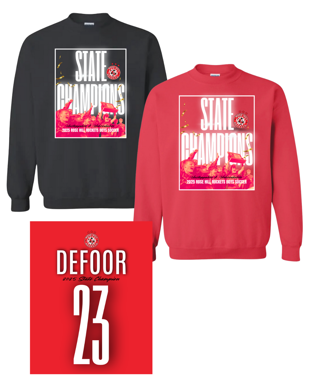 Rose Hill Rockets Boys Soccer State Championship Sweatshirts - White Design 2