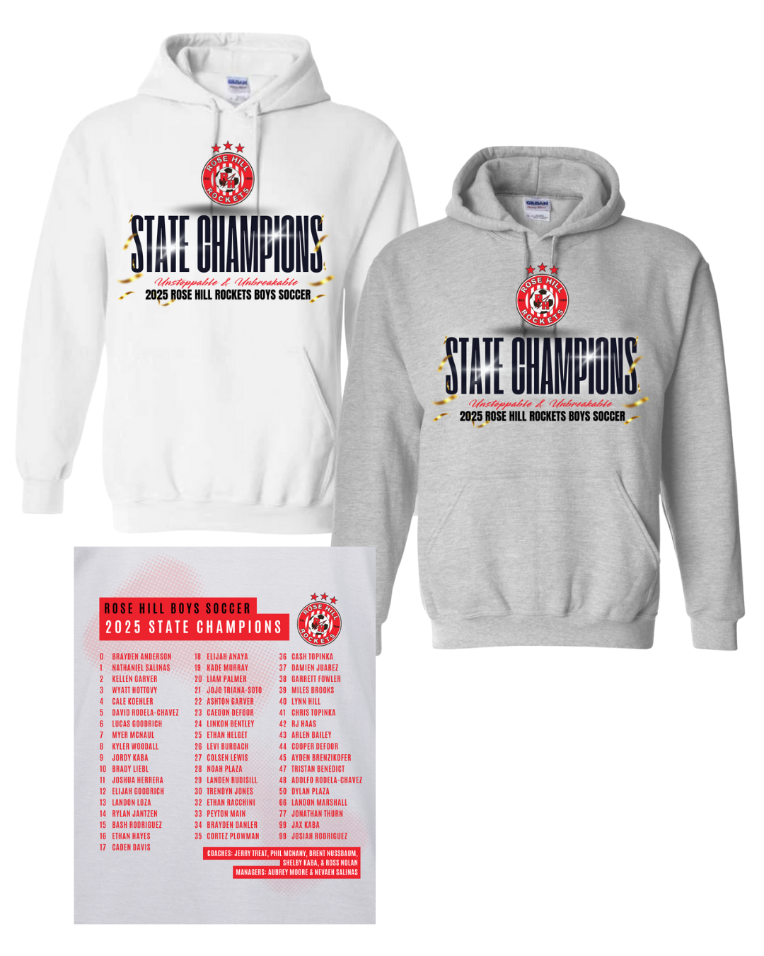 Rose Hill Rockets Boys Soccer State Championship Hooded Sweatshirts - Black Design 4