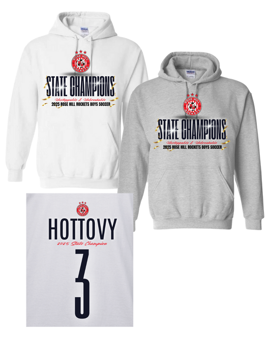 Rose Hill Rockets Boys Soccer State Championship Hooded Sweatshirts - Black Design 3