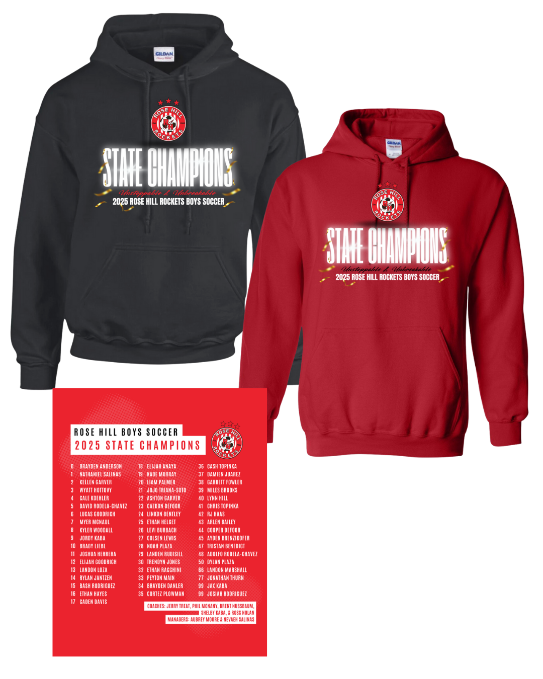 Rose Hill Rockets Boys Soccer State Championship Hooded Sweatshirts - White Design 4