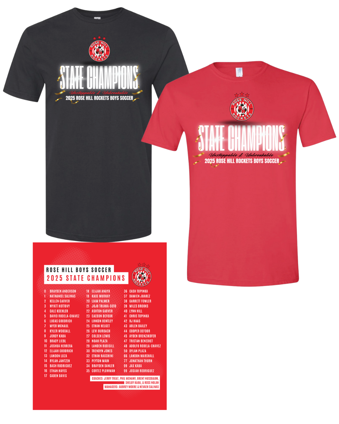 Rose Hill Rockets Boys Soccer Championship T-Shirt - White Design 4