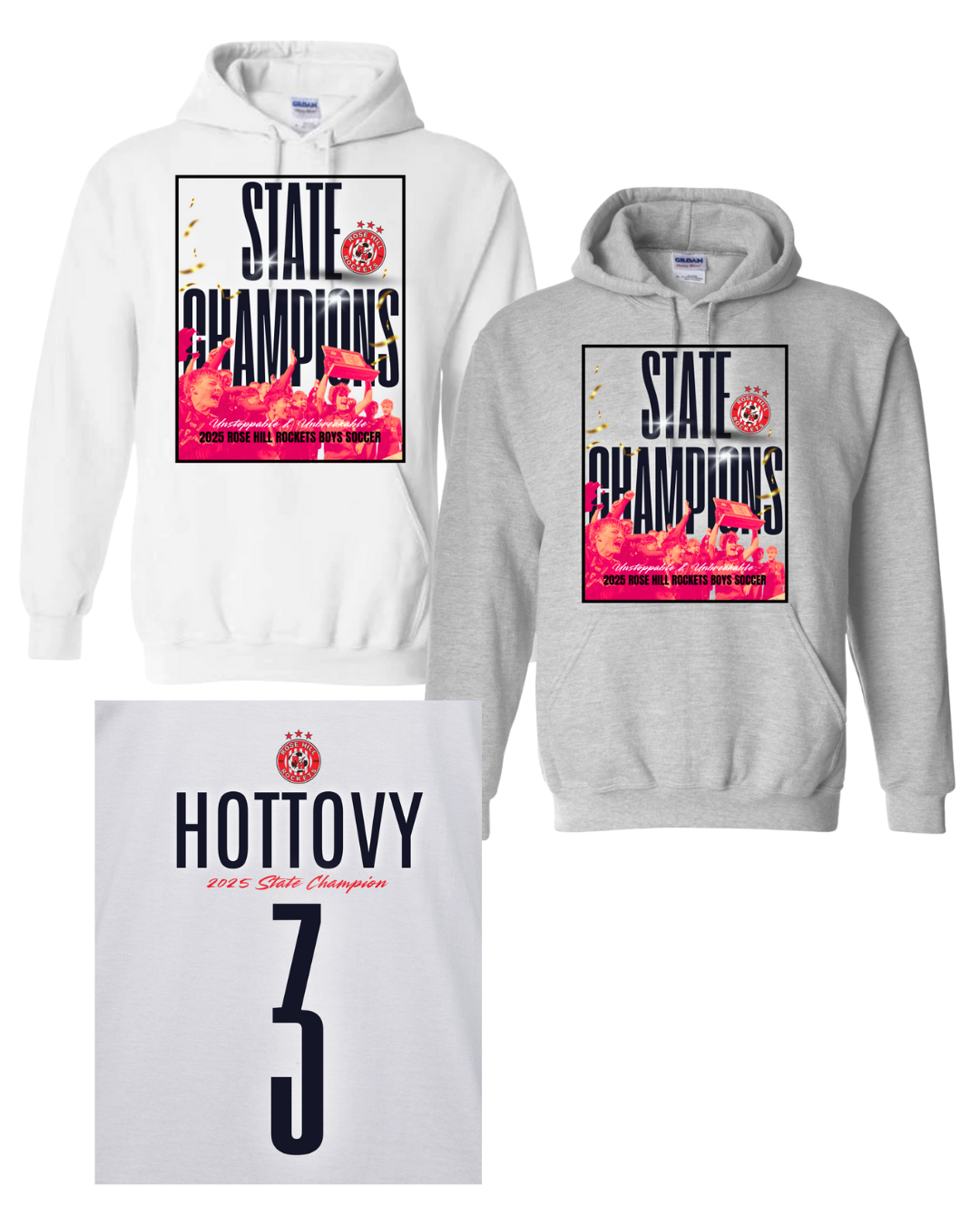 Rose Hill Rockets Boys Soccer State Championship Hooded Sweatshirts - Black Design 2