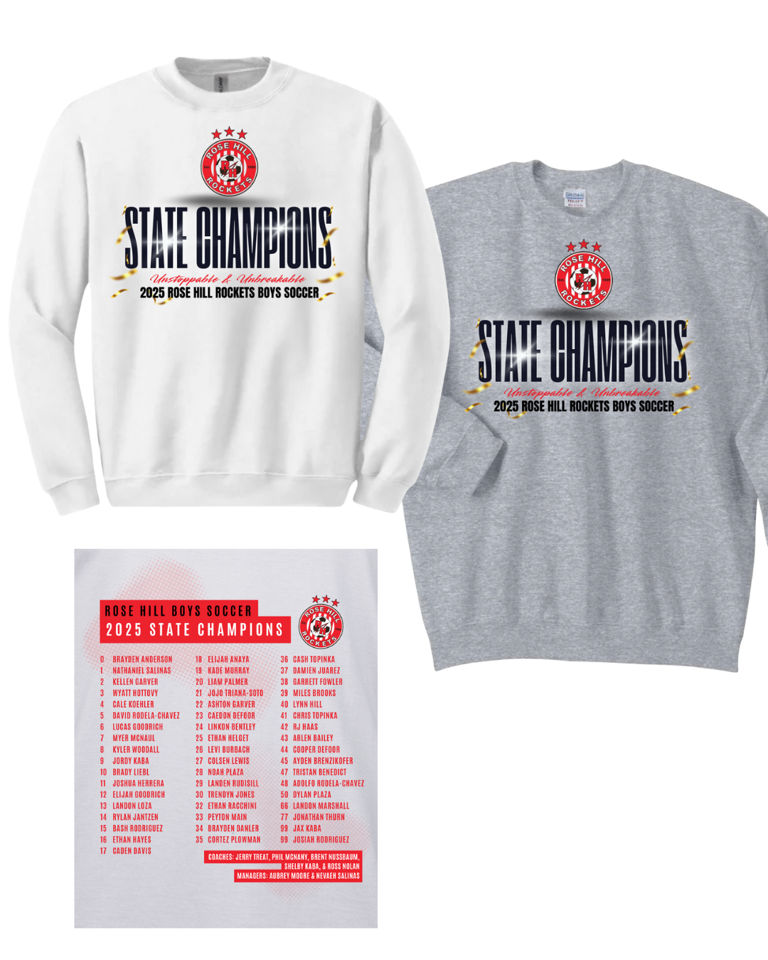 Rose Hill Rockets Boys Soccer State Championship Sweatshirts - Black Design 4