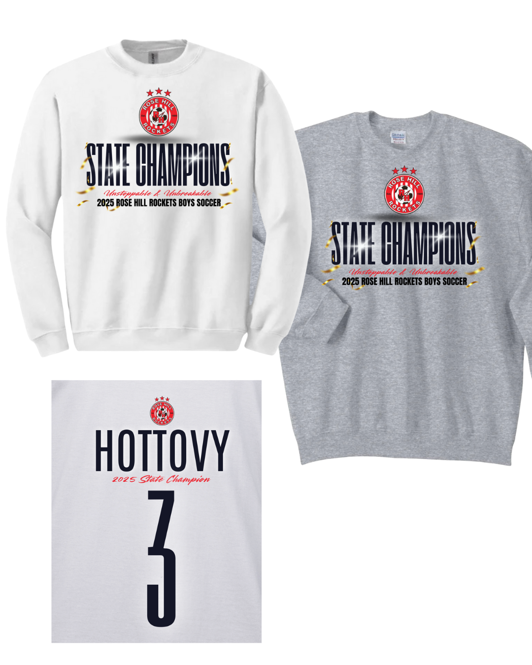 Rose Hill Rockets Boys Soccer State Championship Sweatshirts - Black Design 2