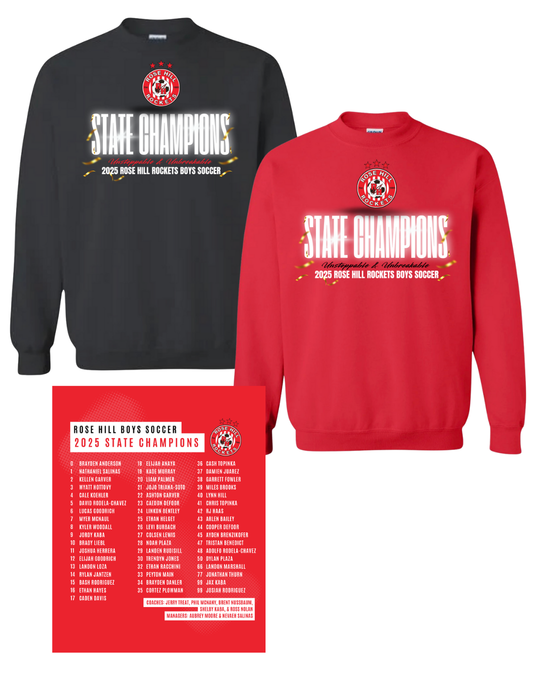 Rose Hill Rockets Boys Soccer State Championship Sweatshirts - White Design 4