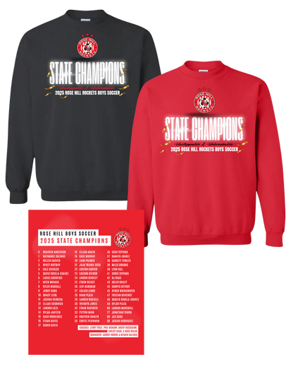Rose Hill Rockets Boys Soccer State Championship Sweatshirts - White Design 4