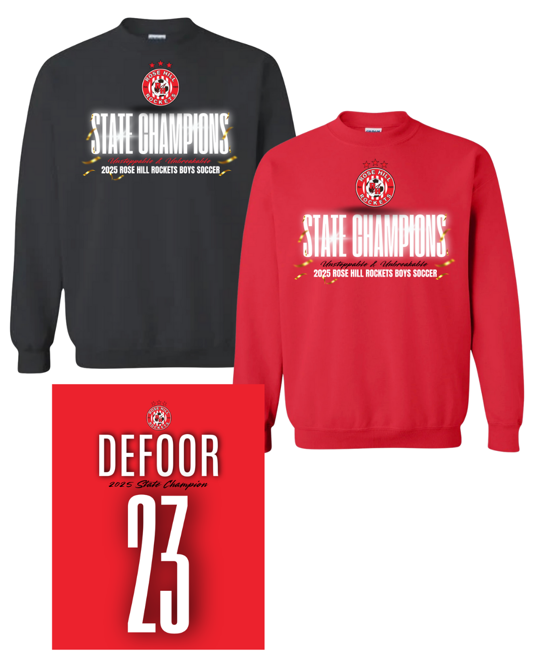 Rose Hill Rockets Boys Soccer State Championship Sweatshirts - White Design 3