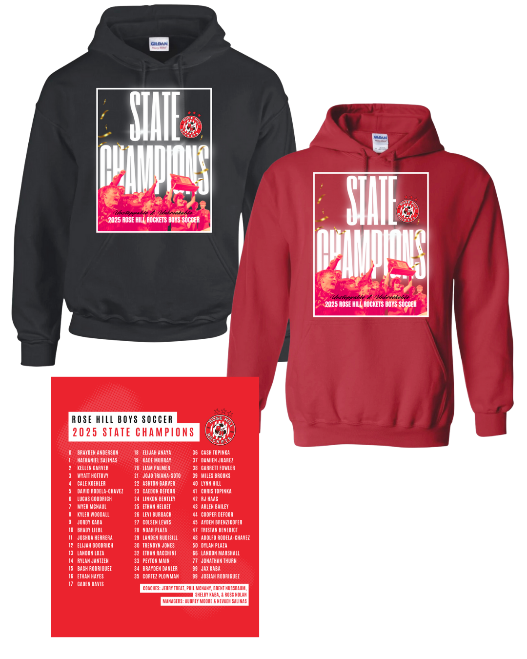 Rose Hill Rockets Boys Soccer State Championship Hooded Sweatshirts - White Design 1