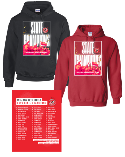 Rose Hill Rockets Boys Soccer State Championship Hooded Sweatshirts - White Design 1