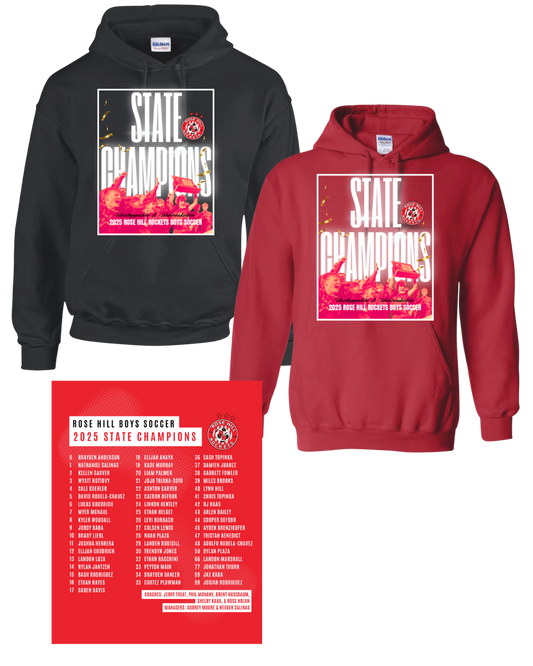 Rose Hill Rockets Boys Soccer State Championship Hooded Sweatshirts - White Design 1