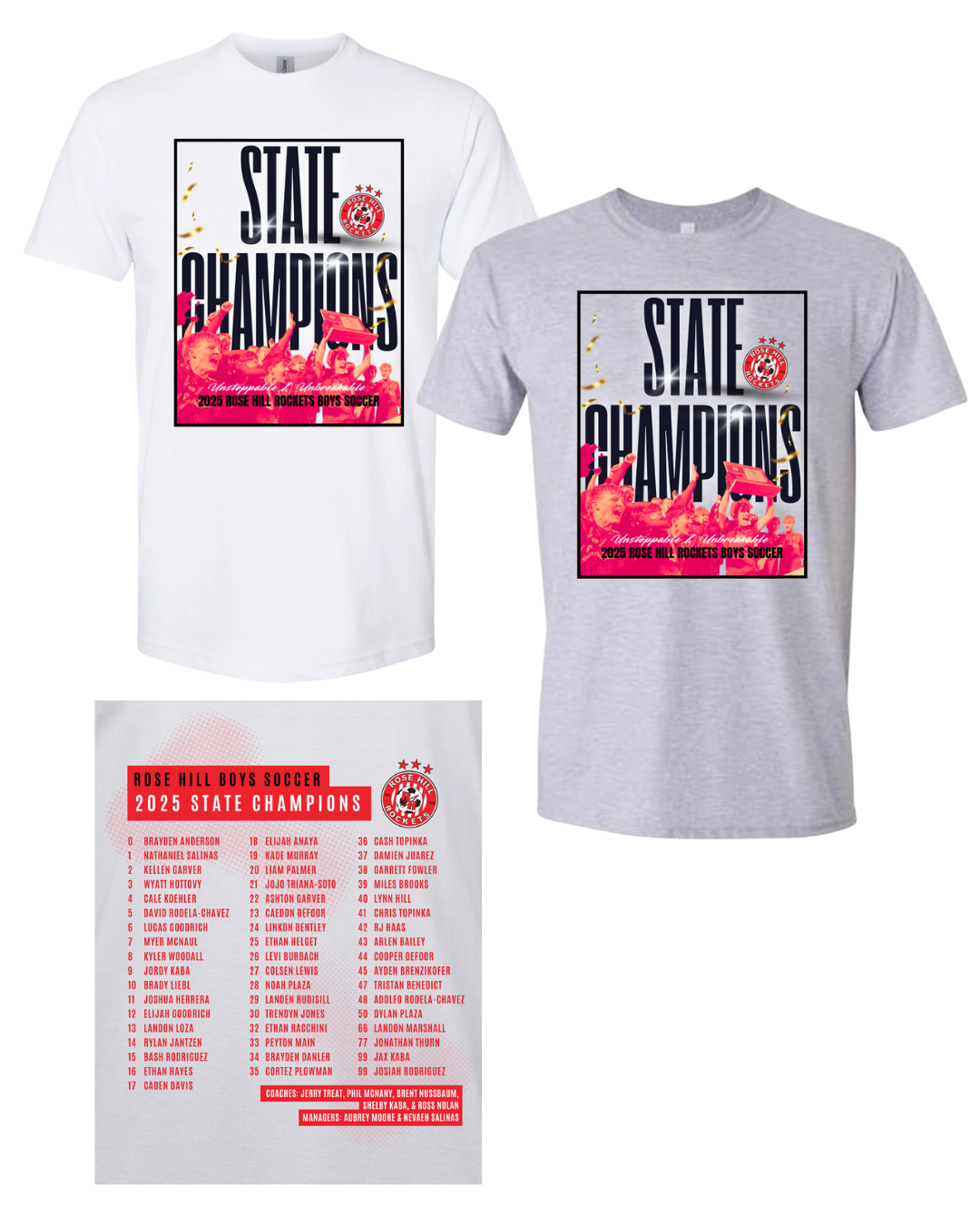 Rose Hill Rockets Boys Soccer Championship T-Shirt - Black Design 1