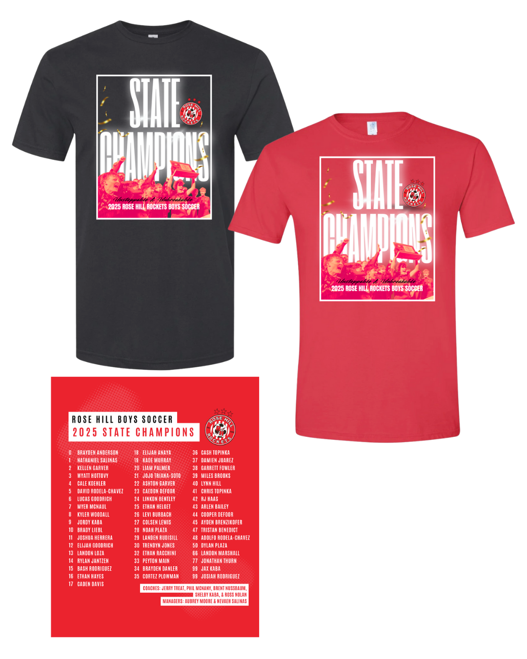 Rose Hill Rockets Boys Soccer Championship T-Shirt - White Design 1