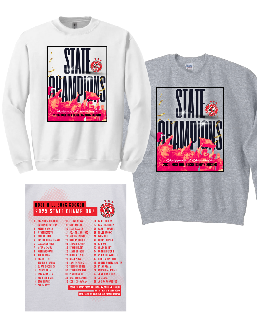 Rose Hill Rockets Boys Soccer State Championship Sweatshirts - Black Design 1