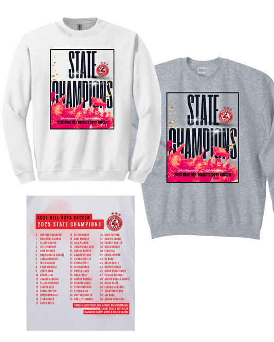 Rose Hill Rockets Boys Soccer State Championship Sweatshirts - Black Design 1