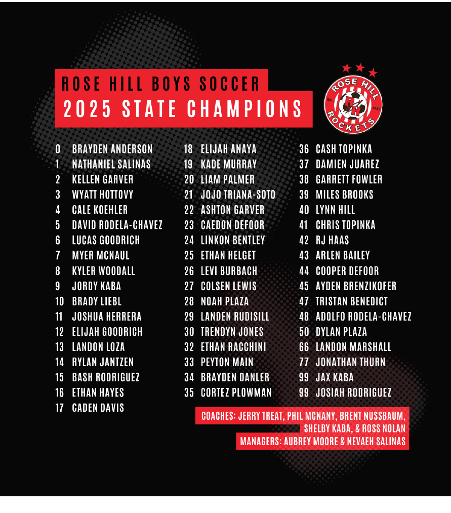 Rose Hill Rockets Boys Soccer Championship T-Shirt - White Design 1