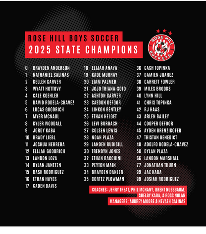 Rose Hill Rockets Boys Soccer Championship T-Shirt - White Design 1